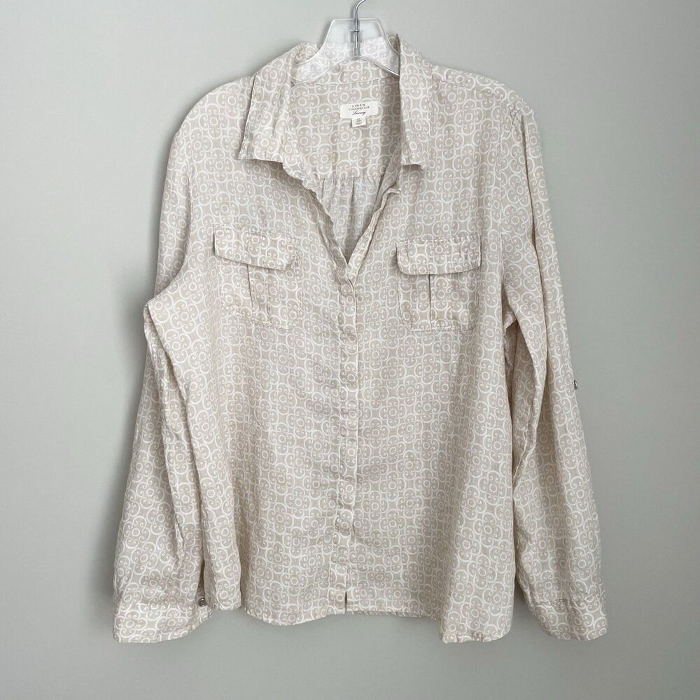 Charter Club Size XL Printed Long Sleeve Button Down Shirt Beige 100% Linen